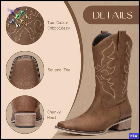 Western Cowgirl Boots Square Toe Mid Calf Embroidery Chunky Heel Casual Party - Picture 4 of 7
